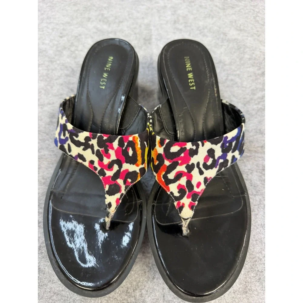 Nine West Mulitcolor Leopard Thong Wedge Sandal Women's Size 9M